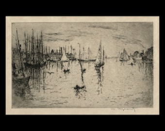 May include: A black and white etching of a harbor scene with sailboats and ships. The etching is signed "Wm. Meyerowitz" in the lower right corner.