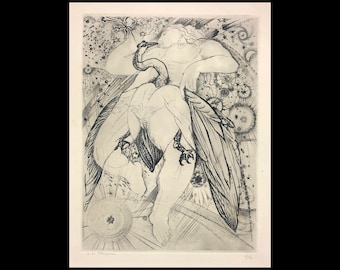HENRY de WAROQUIER (French, 1881-1970), "Leda and the Swan", c.1945, original drypoint, pencil signed.