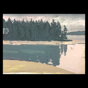 May include: A painting of a lake with a forest of trees on the far shore. The water is a light blue and the sky is a light gray. The trees are a dark green and the shore is a light brown.