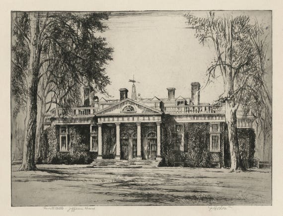 Monticello Thomas Jefferson Plantation Home Etching Lithograph Art Print