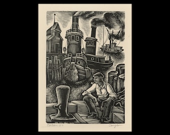 ISAAC SANGER (American, 1899-1961), &quot;Tug Boats&quot;, ca. 1930, original wood engraving, pencil signed