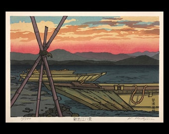 KATSUYUKI NISHIJIMA (Japanese, 1945-living), "Sailing back to Sugahara", 1990, monochrome woodblock print, pencil signed.