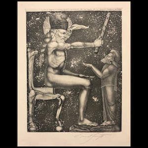 May include: A black and white etching of a large, seated figure holding a staff, with a smaller figure standing before them. The background is a starry sky.