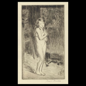 May include: A black and white etching of a nude woman standing in a room. The woman is looking at the viewer with her arms crossed. The room is sparsely furnished with a chair in the background.