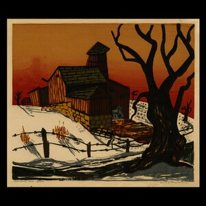 May include: A woodblock print of a red barn with a silo, a fence, and a bare tree in the foreground. The sky is a vibrant orange and the ground is covered in snow. The print is titled "Downwind Hill" and signed by the artist.