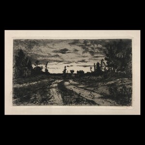 May include: A black and white etching of a rural landscape with a dirt road leading into the distance. The sky is cloudy and the trees are silhouetted against the horizon.