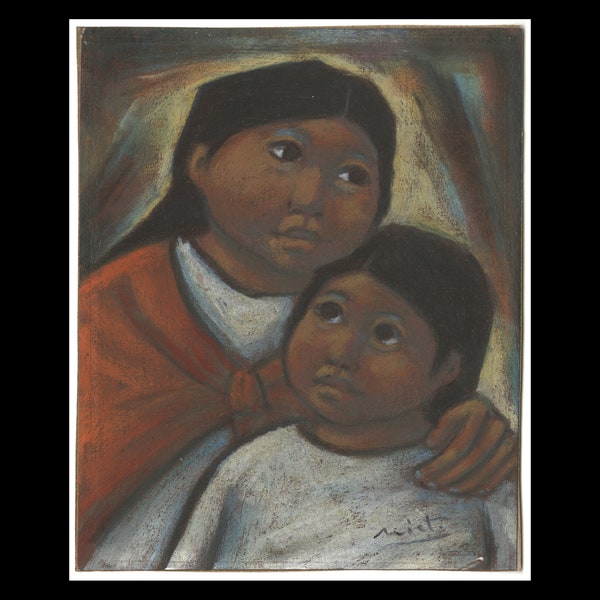 ARTURO NIETO (Ecuadorian, 1900-?), "Mujer e Nino, I", ca. 1980, pastel on thin paper board, signed.