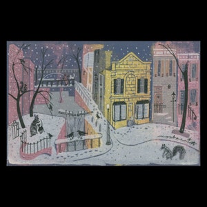 May include: A snowy winter scene with a yellow building, pink and gray houses, and a black fence. There are trees, birds, and a squirrel in the snow.