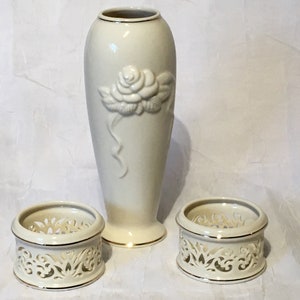 Vintage Lenox Ivory Rose Vase with 2 Pierced China Tea Light Votive Candle Holders
