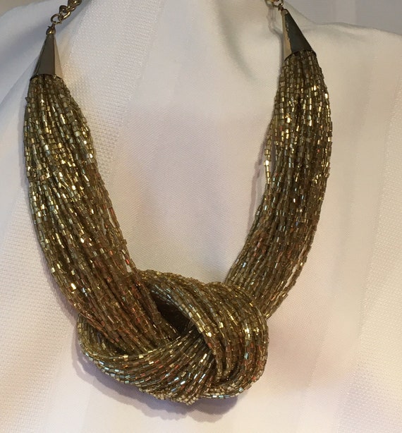 Many Strands Large Knot Beaded Gold Necklace