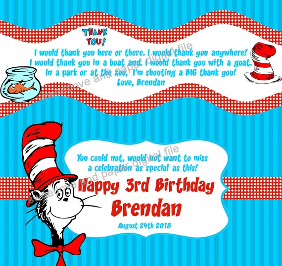 Dr Seuss Birthday Candy Bar Wrappers Party Favors Cat Etsy