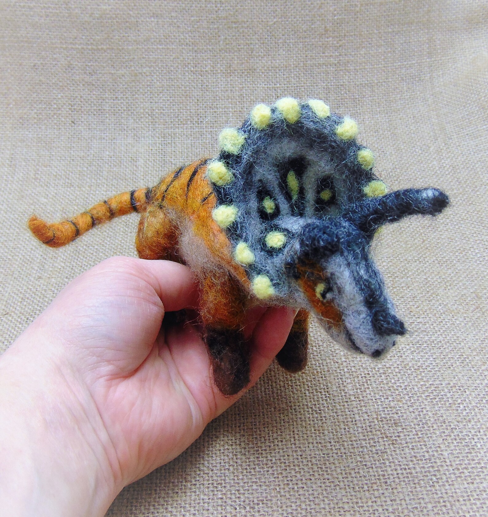 Needle Felted Dinosaur, Felted Animal Ornament, Triceratops Figurine