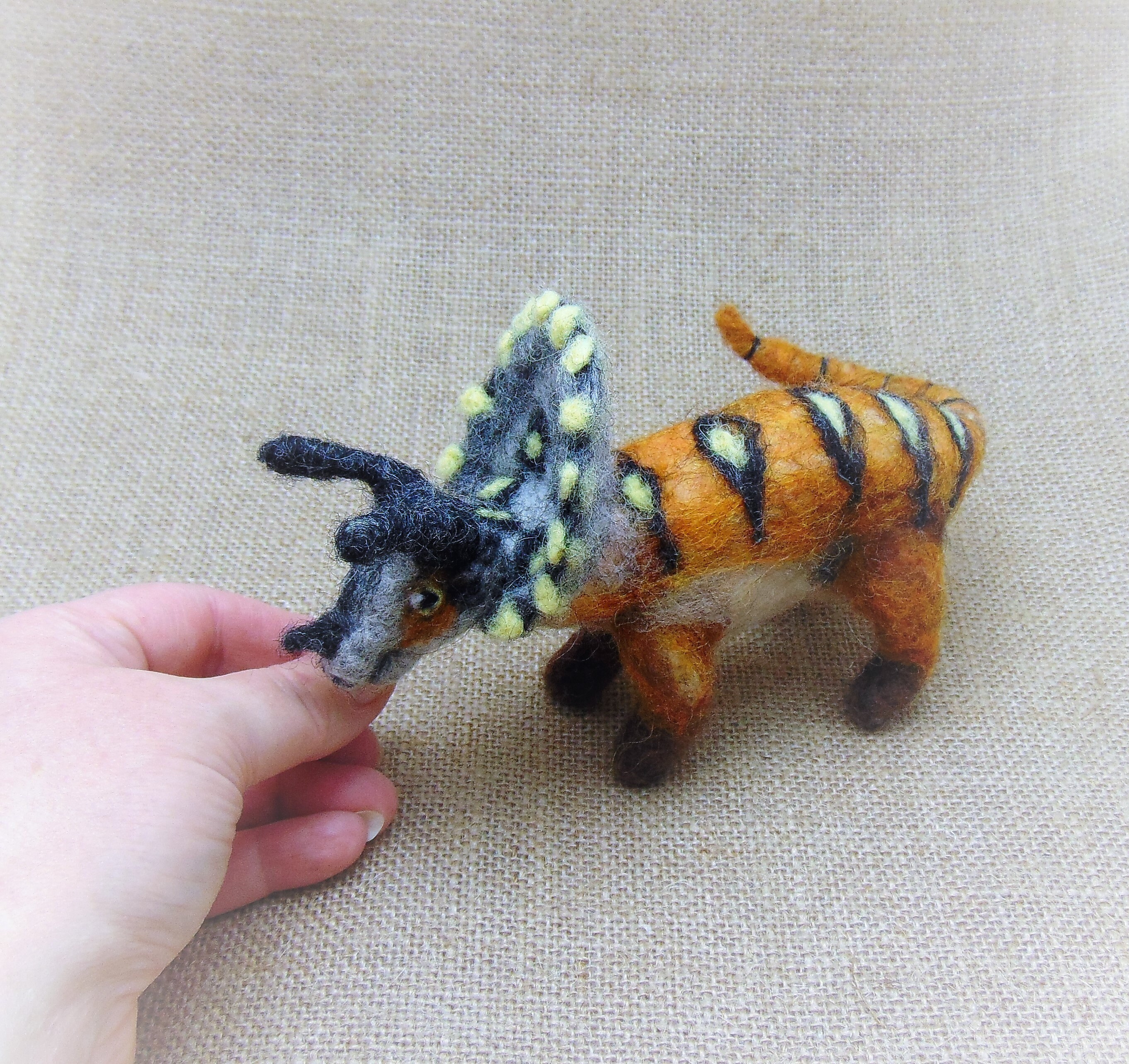 Needle Felted Dinosaur, Felted Animal Ornament, Triceratops Figurine