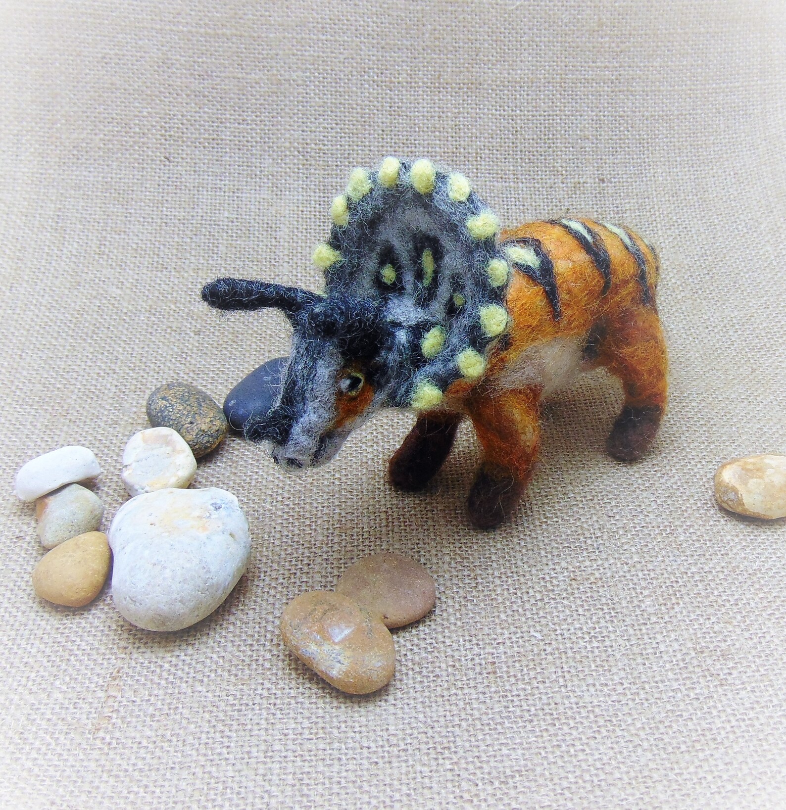 Needle Felted Dinosaur, Felted Animal Ornament, Triceratops Figurine