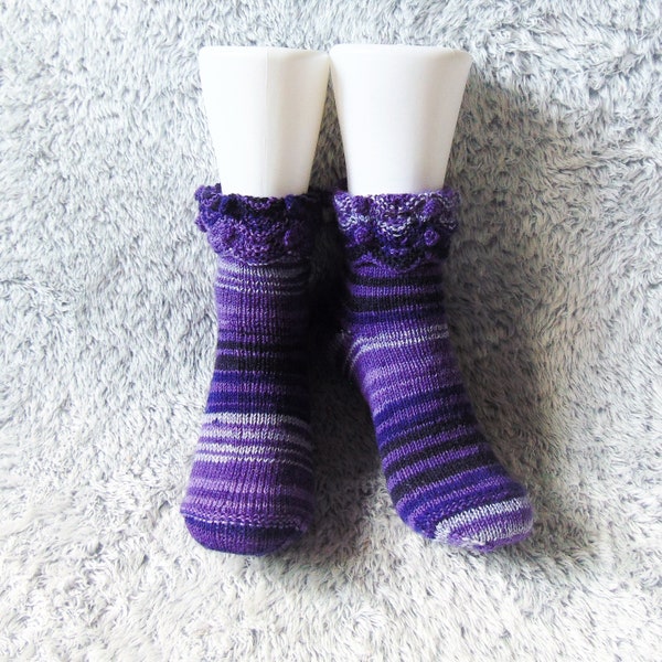 Purple Ankle Socks, Hand Knitted Socks, Cosy Wool Blend Socks, Patterned Ladies Socks, Soft Footwear, Pretty Ankle Socks, Lace Cuff Socks