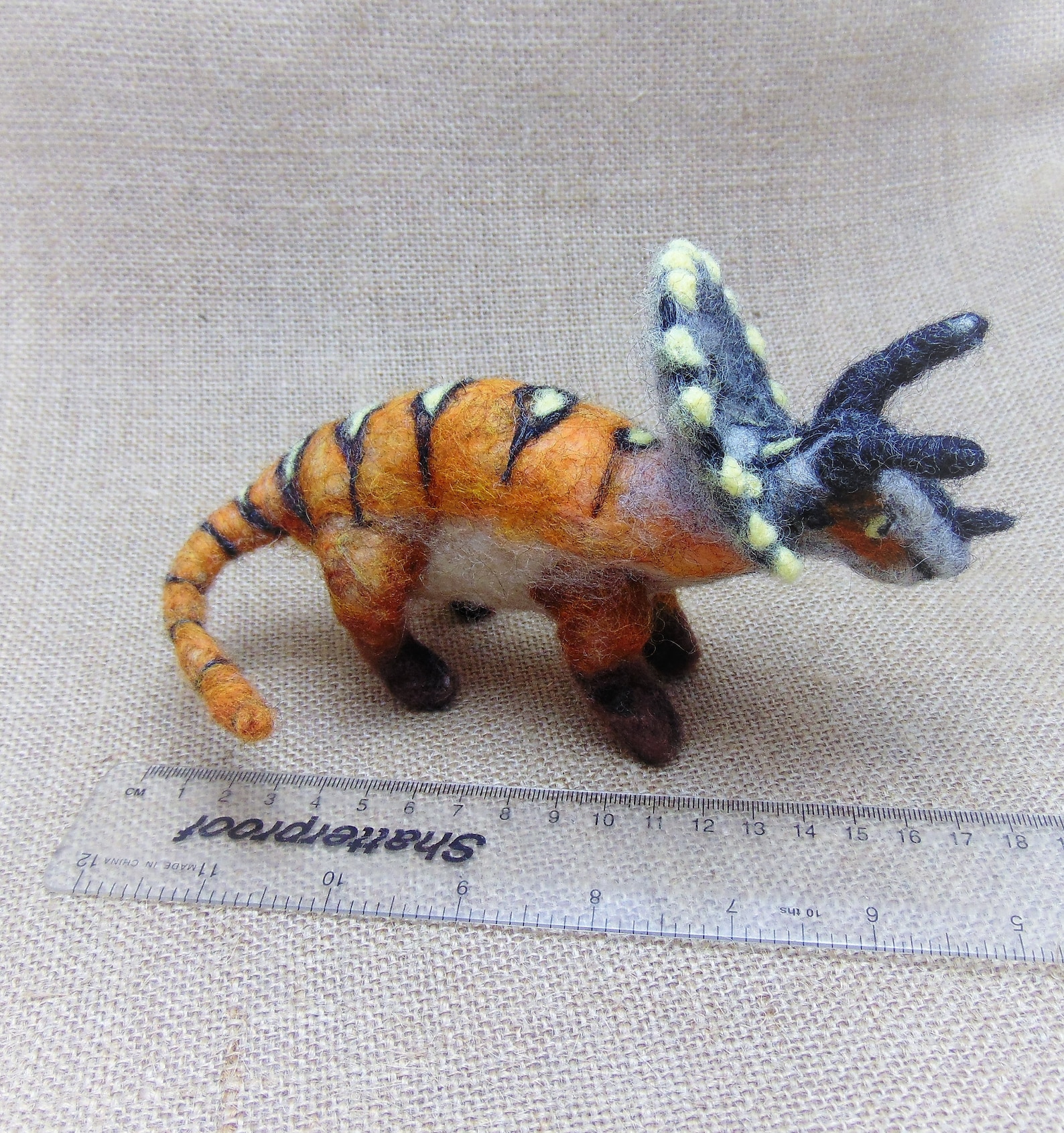 Needle Felted Dinosaur, Felted Animal Ornament, Triceratops Figurine