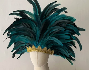 Lake Blue Feather Carnival Headdress/Gatsby Flapper Headband/Samba Party Crystal Headband /Carnival Feather Crown Festival Feather headpiece