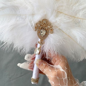 1616 Wedding Favor White Ostrich Feather Bouquet Bridal Bejeweled Hand Fans Gatsby 1920s Art Deco Wedding image 2