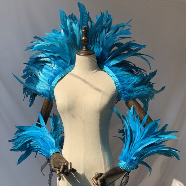 Châle de plumes Showgirl 4ply / Écharpe de plumes de carnaval / Enveloppement de plumes de spectacle sur scène / Costume d’Halloween bleu lac / Spectacle de performance / Châle de cape de plumes