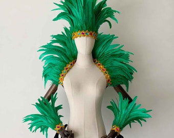 4ply Showgirl Green Color Feather Shawl Carnival Feather Scarf Stage Show Feather Wrap With Jeweled Lace Trim Decoration