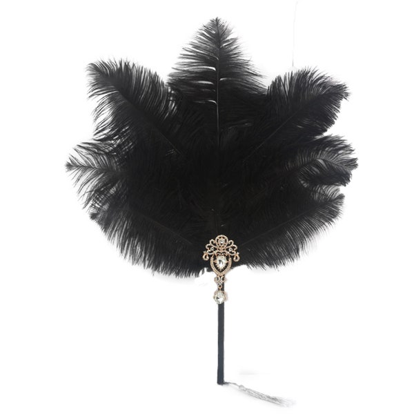 15.2*19.2" Black Ostrich Feather Hand Fans With Crown Crystal Diamond Decoration