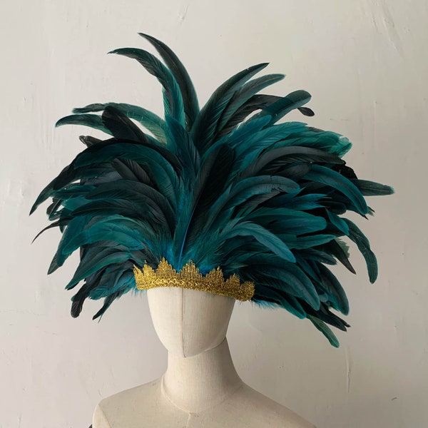 Lake Blue Feather Carnival Headdress/Gatsby Flapper Headband/Samba Party Crystal Headband /Carnival Feather Crown Festival Feather headpiece