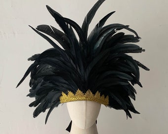 Black Feather Carnival Headdress/Gatsby Flapper Headband/Samba Party Crystal Headband /Carnival Feather Crown Festival Feather headpiece