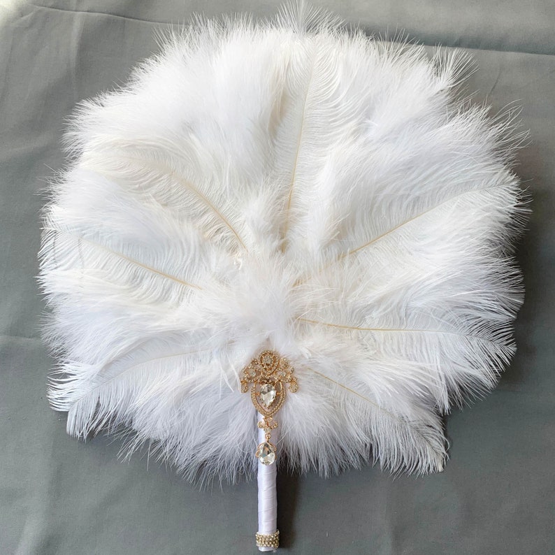 1616 Wedding Favor White Ostrich Feather Bouquet Bridal Bejeweled Hand Fans Gatsby 1920s Art Deco Wedding image 3