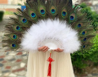 26*14 inch Large Peacock Feather Hand Fans White Marabou Feather Fans Feather Fan Bridal Wedding Two Side Peacock Feather Fans