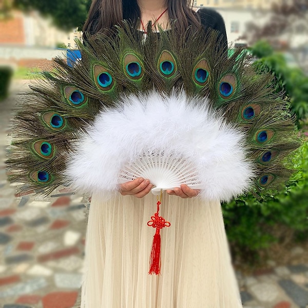 26*14inch Large Peacock Feather Hand Fans White Marabou Feather Fans Feather Fan  Bridal Wedding Two Side Peacock Feather Fans