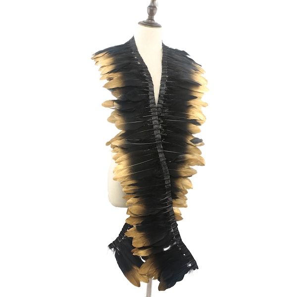 15-20cm 2yard Goose Feather Trimming,Black Color With Gold Tip Ribbon,Halloween Costume Decoration