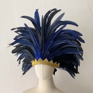 Deep Blue Feather Carnival Headdress/Gatsby Flapper Headband/Samba Party Crystal Headband /Carnival Feather Crown Festival Feather headpiece