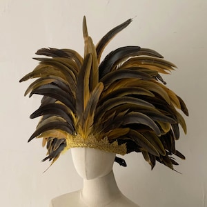 Gold Yellow Feather Carnival Headdress/Samba Party Crystal Headband /Carnival Feather Crown Festival Feather headpiece