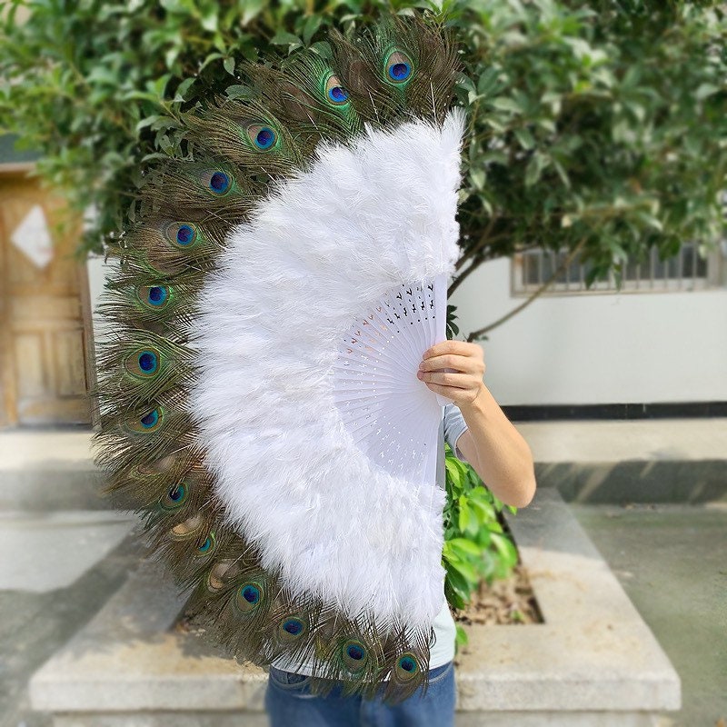 Vintage Peacock teal  Feather Holding Hand Fan~Halloween Party USA seller 