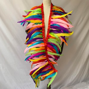 Könnte beinhalten: Ein farbenfroher Federboa mit einem roten Band in der Mitte. Der Boa besteht aus Federn in verschiedenen Farben, darunter Pink, Lila, Blau, Grün, Gelb und Orange.