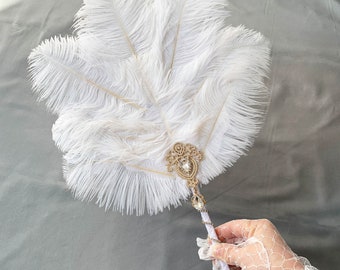 Vintage White Ostrich Feather Hand Fan/Crystal Crown Decorated Ostrich Feather Fan/Wedding Party Bridal Hand Fan