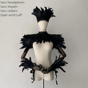 Gothic Natural Feather Cape Shawl Shoulder Wrap Lace Collar Halloween Maleficent Costumes for Women