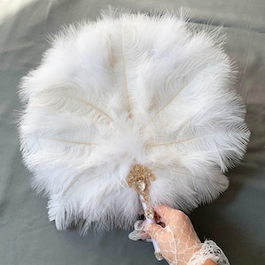 16*16" Wedding Favor White Ostrich Feather Bouquet Bridal Bejeweled Hand Fans Gatsby 1920s Art Deco Wedding