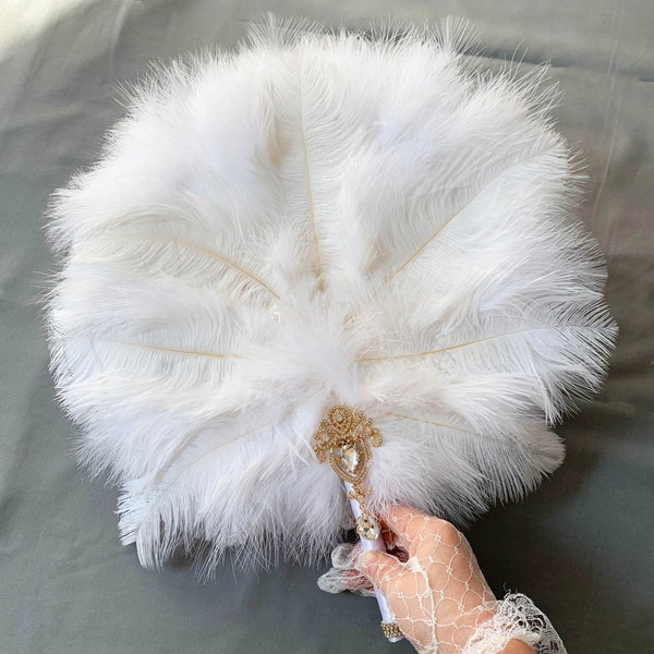 16*16“ Wedding Favor White Ostrich Feather Bouquet Bridal Bejeweled Hand Fans Gatsby 1920s Art Deco Wedding