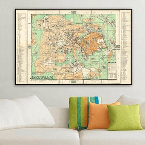 Vintage bildliche Reisekarte von Jerusalem, zeigt alte Stadt, neues Viertel, historische Orte, Sehenswuerdigkeiten, Jerusalem Touristenkarte.