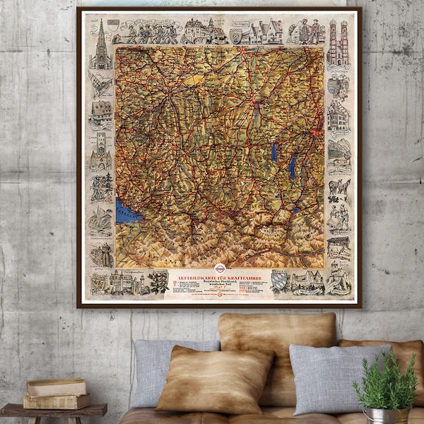 Carte de Bavière Allemagne, carte vintage de Bavière avec des images des monuments les plus importants, art mural de Bavière, affiche de Bavière, impression de voyage de Bavière.