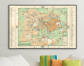 Vintage pictorial travel map of Jerusalem, shows old city, new quarter, garden, parks, public buildings, historic sites, places of interest.