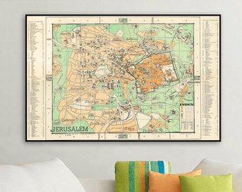 Vintage pictorial travel map of Jerusalem, shows old city, new quarter, garden, parks, public buildings, historic sites, places of interest.