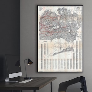 Vintage Karte von Queens New York, detaillierter großer topographischer Stadtplan von Queens NYC, Straßenkarte, New York Deko Kunstdruck.