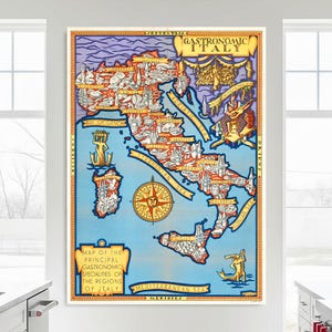Poster con mappa gastronomica italiana d'epoca / Stampa con mappa gastronomica d'Italia / Decorazione per buongustai