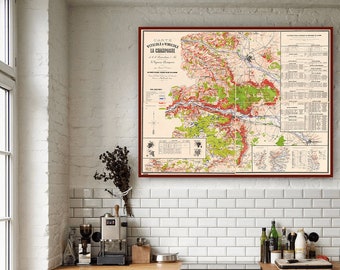 Champagne France, viticulture gift, wine growing, vineyards of France, Champagne region, French wine wall map.