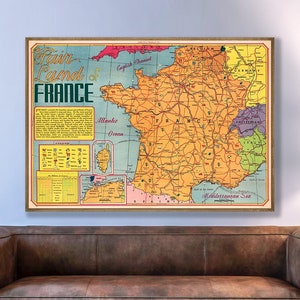 Food and wine regions of France, French champagne, wine, and cheese, French wall decor map print.