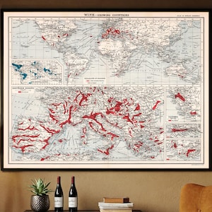 Vintage Weltweinkarte Druck, Weinbauländer Atlas Seite