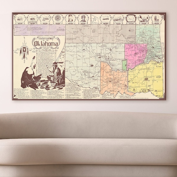 Fine pictorial map of Oklahoma decorated wit historical landmarks around the state and famous people, historical points of interest, map art
