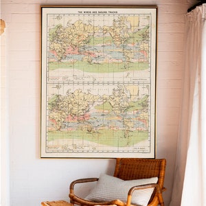 Mapa de vela vintage, ventos e rotas de navegação, presentes de vela, impressão marinha, mapa de correntes oceânicas.